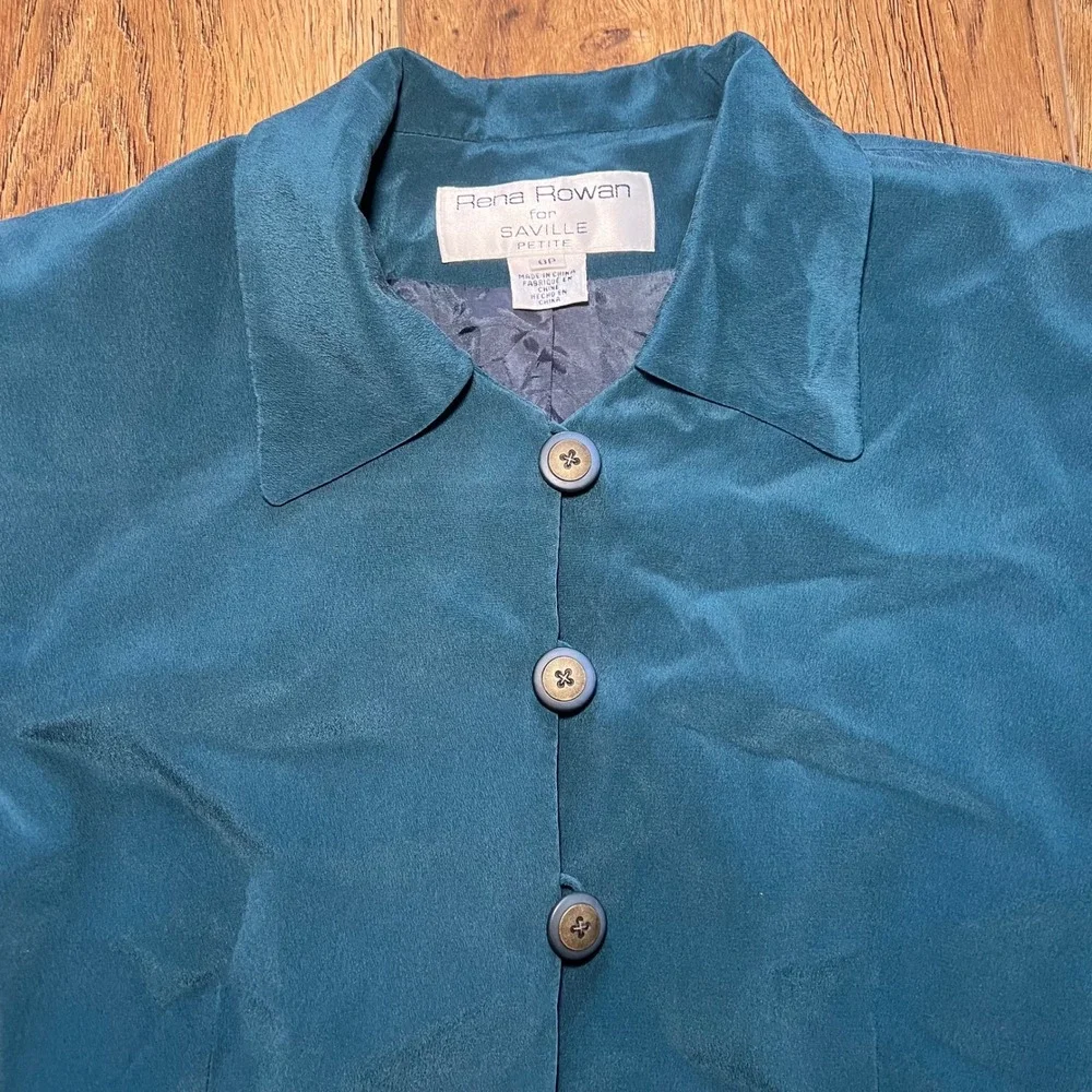 Vintage 90s Rena Rowan for Saville Petite Teal 100% Silk Blazer Jacket 8P Retro‎